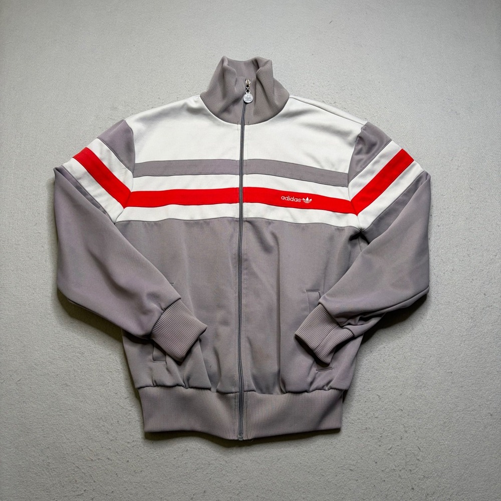 Adidas Track Jacket Mens M Gray Vintage 80s Trefoil Full Zip Striped Retro Sport